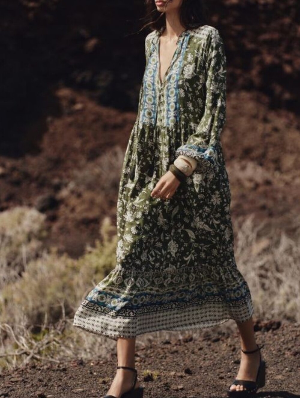 Zara Olive Green Floral Bohemian Midaxi Dress